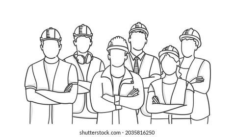 Builder group wearing helmets with arms crossed. Great teamwork concept. Hand drawn vector illustration. Black and white.