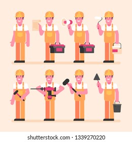 Builder is half turned and holds various items. Character set. Vector Illustration