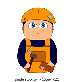 Builder with a hammer and a brick in his hands.