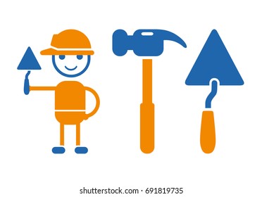  Builder, hammer and trowel. Construction tools icon.