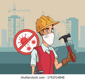 builder with hammer using face mask for covid19 vector illustration design