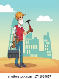 builder with hammer using face mask for covid19 vector illustration design