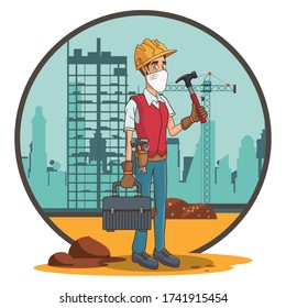 builder with hammer using face mask for covid19 vector illustration design