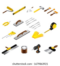 Builder hand repair isometric tool handyman on home build instruments vector illustration isolated on white. Kit of screwdriver, drill, brush, hammer and wrench. Collection home building pliers