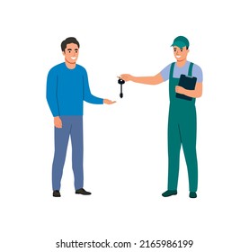 Builder handing over the keys to the client. Vector illustration.