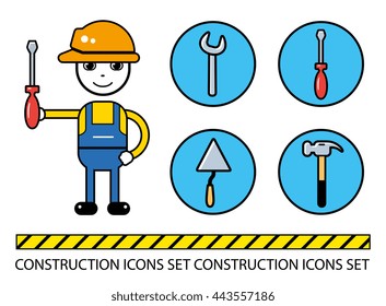Builder handyman character in a safety helmet holding a screwdriver. Wrench, trowel, hammer. Construction tools icons set.