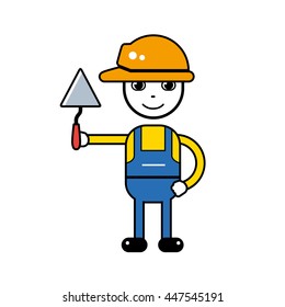 Builder handyman character in a safety helmet holding a trowel tool, vector icon isolated.