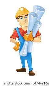 builder or handyman in helmet with construction drawings. Color Vector illustration isolate on white background