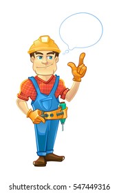 builder or handyman in helmet pointing top to the speach bubble. Color Vector illustration isolate on white background