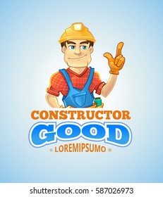 builder or handyman in helmet pointing top. Color Vector emblem badge or logo isolate on light background