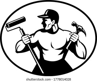 Builder Handyman Painter or Carpenter Holding Hammer and Paint Roller Retro Black and White