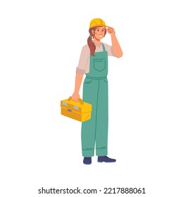 Builder or handywoman with tool box. Isolated woman with instruments for repairing and building works. Personage or character, vector in flat cartoon style