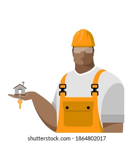 Builder in a hard hat and overalls holds a house with keys, a construction concept, purchases and sales of new housing, suburban real estate, construction and investment, real estate services. Vector