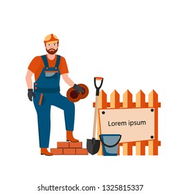 Builder in hard hat and a uniform on construction site with and shovel. Vector illustration cartoon character. 