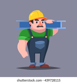 El constructor de sombrero duro con los músculos. Hombre fuerte con bigote. Caricatura vectorial