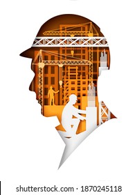 Builder head in hard hat silhouette with construction crane, buildings, workers inside. Vector illustration in paper art craft style. Construction business development.