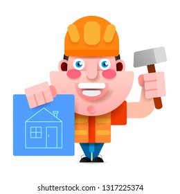 The Builder In A Helmet With A Hammer And A Drawing Scheme Of The House, Is Ready To Execute Your Project. Vector Illustration.