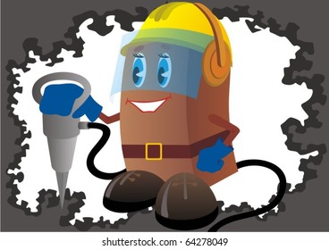 Builder in a helmet and headphones keeps the hammer.