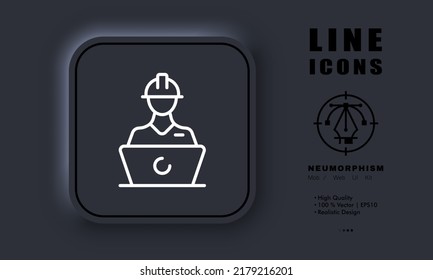 Builder in helmet with laptop line icon. Technology, create a drawing, protective, worker, build, building. Construction concept. Neomorphism style. Vector line icon for Business and Advertising.
