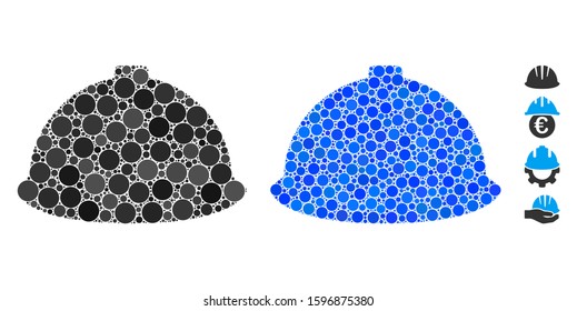 Builder helmet mosaic of circle elements in variable sizes and color tones, based on builder helmet icon. Vector round elements are grouped into blue mosaic.