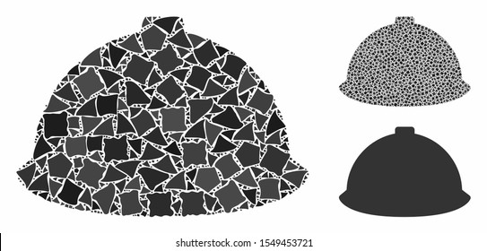 Builder helmet mosaic of inequal elements in variable sizes and color hues, based on builder helmet icon. Vector abrupt elements are united into collage.