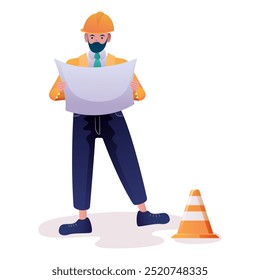 A builder in a helmet and with a project plan in his hands. Construction site, building, striped cone, drawing, repair, foreman, architect, engineer, hardware, house, skyscraper, order fulfillment