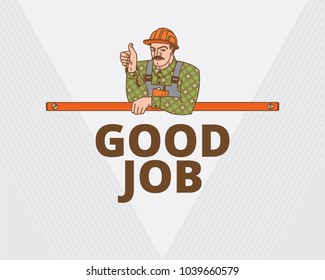 The builder in the helmet rests on the building level and lifts his thumb up