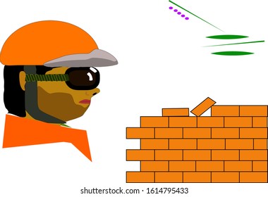  a builder in a helmet and safety glasses, bristles, a wall of stone, orange unoform
