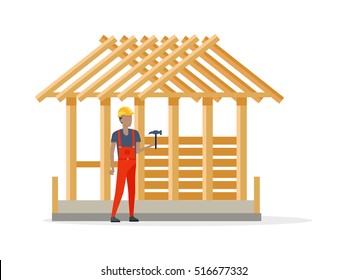Builder in helmet and special red clothes near constructing house. Man holding hamer. Building consists only of many wooden girders and cement foundation. White background. Vector illustration