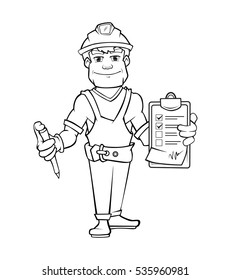 builder in helmet standing and holding order paper and pen in his hands. Linear style vector illustration