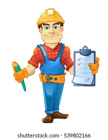 builder in helmet standing and holding order paper and pen in his hands. vector illustration