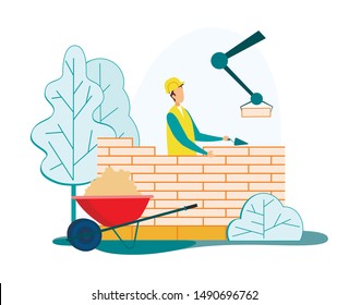 Builder in Helmet and Uniform Holding Trowel in Hand Put Concrete for Laying Brick Wall, Building Crane Put Blocks. Man Engineer Work at Construction Site Build House. Cartoon Flat Vector Illustration