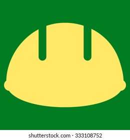 Builder Helmet vector icon. Style is flat symbol, yellow color, rounded angles, green background.