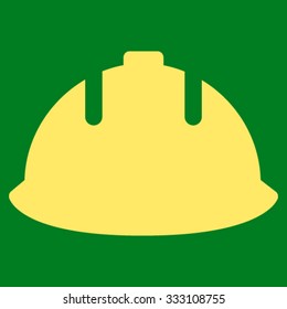 Builder Helmet vector icon. Style is flat symbol, yellow color, rounded angles, green background.