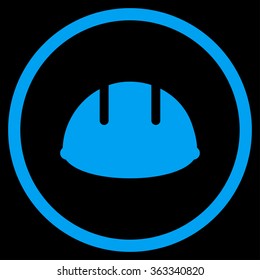 Builder Helmet vector icon. Style is flat circled symbol, blue color, rounded angles, black background.