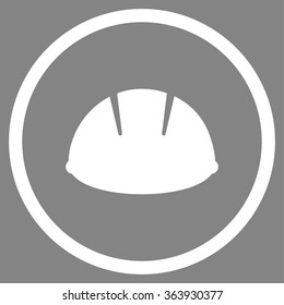 Builder Helmet vector icon. Style is flat circled symbol, white color, rounded angles, gray background.