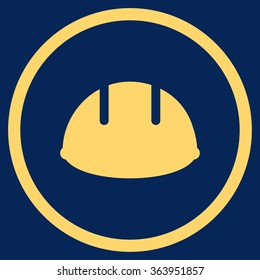 Builder Helmet vector icon. Style is flat circled symbol, yellow color, rounded angles, blue background.