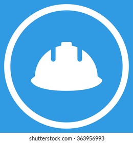 Builder Helmet vector icon. Style is flat circled symbol, white color, rounded angles, blue background.
