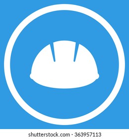 Builder Helmet vector icon. Style is flat circled symbol, white color, rounded angles, blue background.