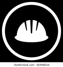 Builder Helmet vector icon. Style is flat circled symbol, white color, rounded angles, black background.