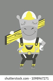 Builder hippo with tools and board. Cartoon style. Vector illustration.