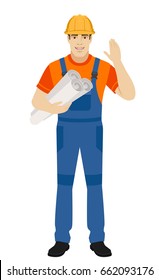 Builder with his hand raised up holding the project plans. Full length portrait of builder character in a flat style. Vector illustration.