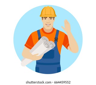 Builder with his hand raised up holding the project plans. Portrait of builder character in a flat style. Vector illustration.