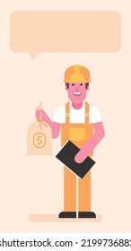 Builder holding bag with money and folder with documents. Flat people. Vector illustration