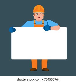 Builder holding banner blank. Worker in protective helmet and white blank. Serviceman joyful emotion. place for text. Vector illustration