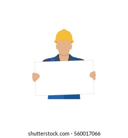 Builder holding a blank white form. Vector illustration.