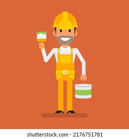 Builder holding brush and bucket with paint. Flat people. Vector Illustration