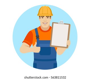 Builder holding clipboard and shows thumb up. Portrait of builder in a flat style. Vector illustration.