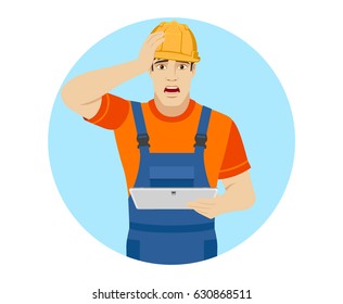 Builder holding digital tablet and grabbed his head. Portrait of builder character in a flat style. Vector illustration.
