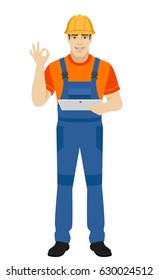 Builder holding digital tablet and showing a okay hand sign. Full length portrait of builder character in a flat style. Vector illustration.